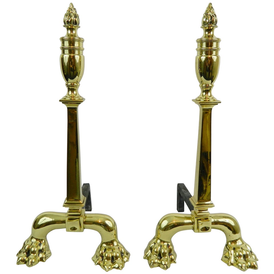 Pair of Tall Chenets or Andirons with Paw Feet and Flame Finials, 19th Century