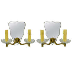 Circa 1940's Pair of French Venetian Style Mirrored and Brass Two Light Sconces 3