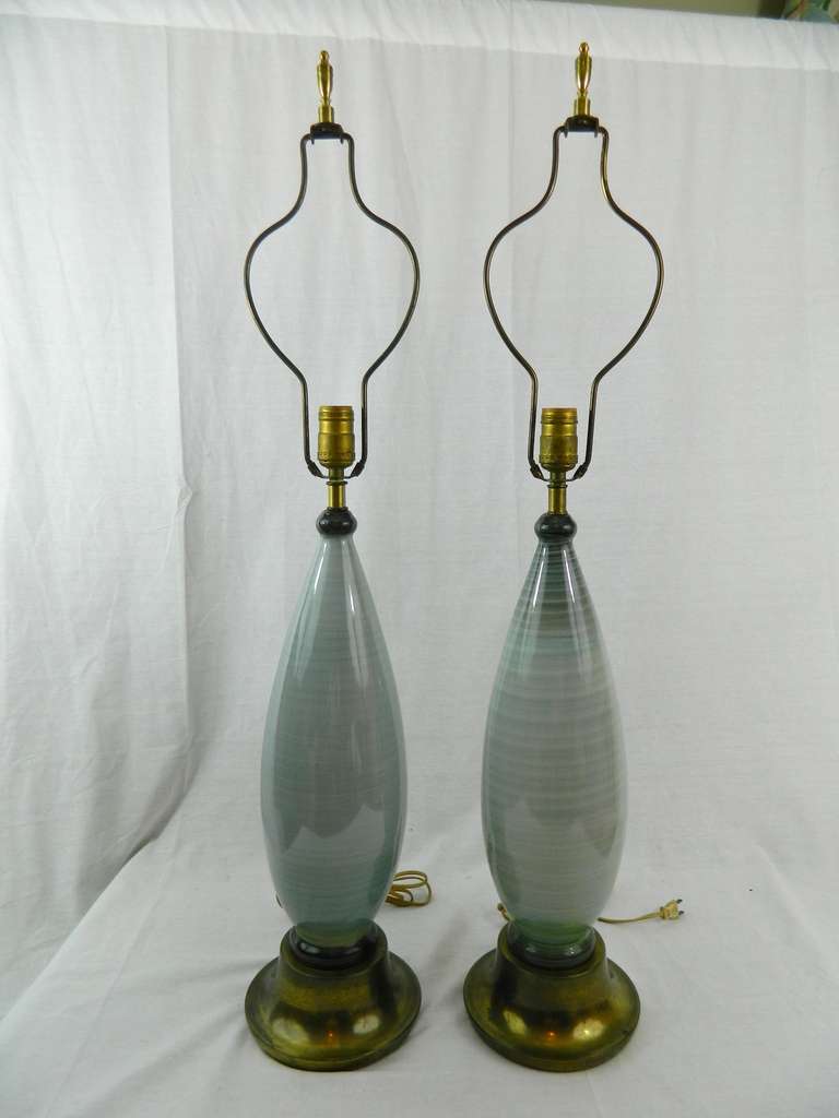 Circa 1950's Pair of Towering Murano Lamps on Brass Bases.  Height to the top of the finial is 35.75