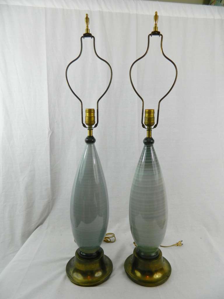 Italian Circa 1950's Pair of Towering Murano Lamps on Brass Bases
