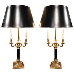 Pair of Three-Light Bouillotte Style Lamps with Metal Tin Shades, 20th Century