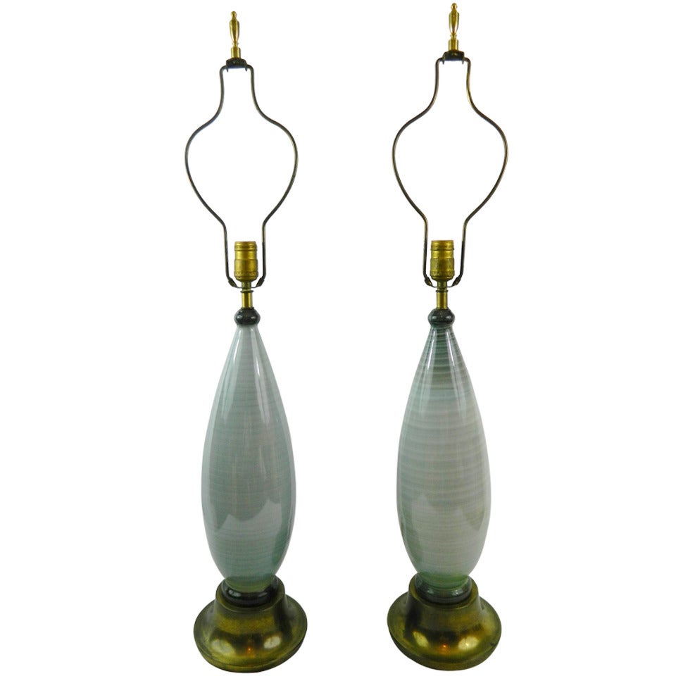 Circa 1950's Pair of Towering Murano Lamps on Brass Bases