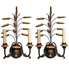 19th Century Pair of Tole, Iron and Wood Wheat Two Light Sconces