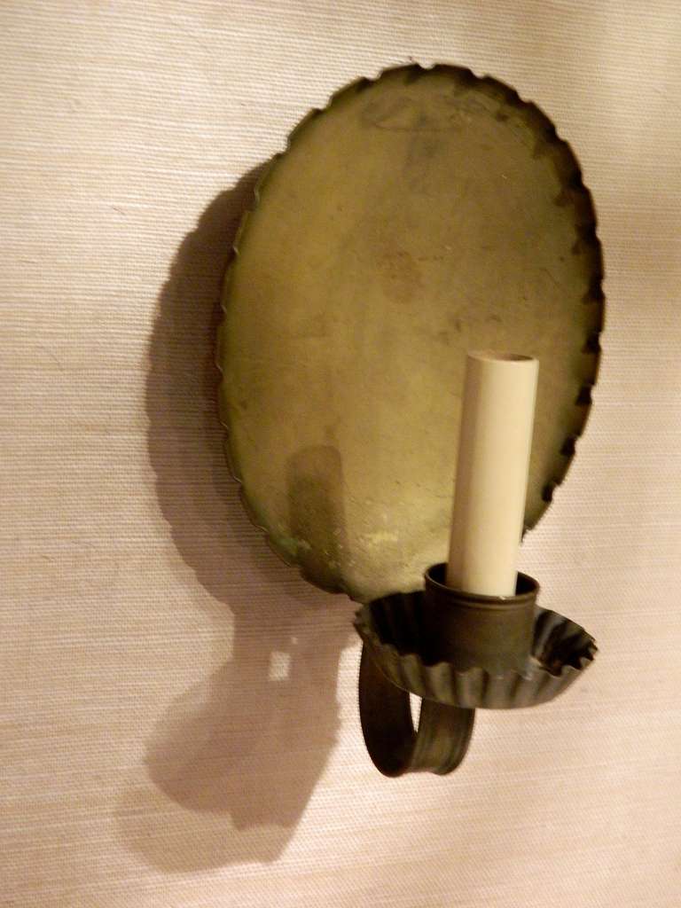 Circa 1920's Pair of Candelabra Light Brass Colonial Revival Style Sconces In Excellent Condition In Savannah, GA