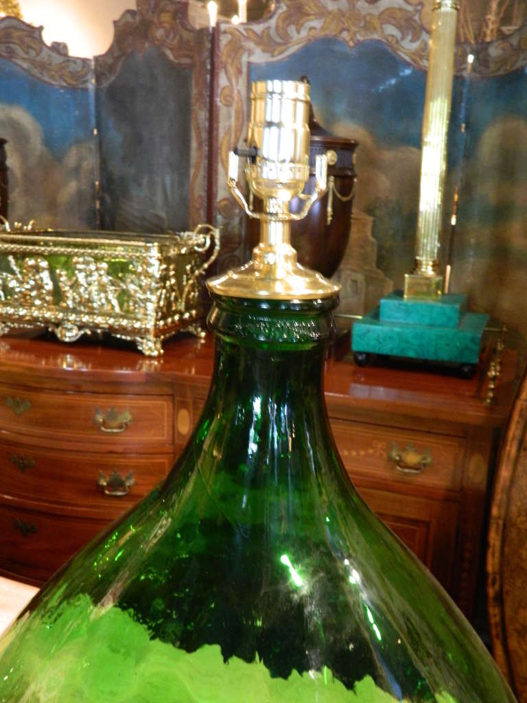 Early 20th Century Pair of Italian Green Glass Wine Bottles Adapted as Lamps 1