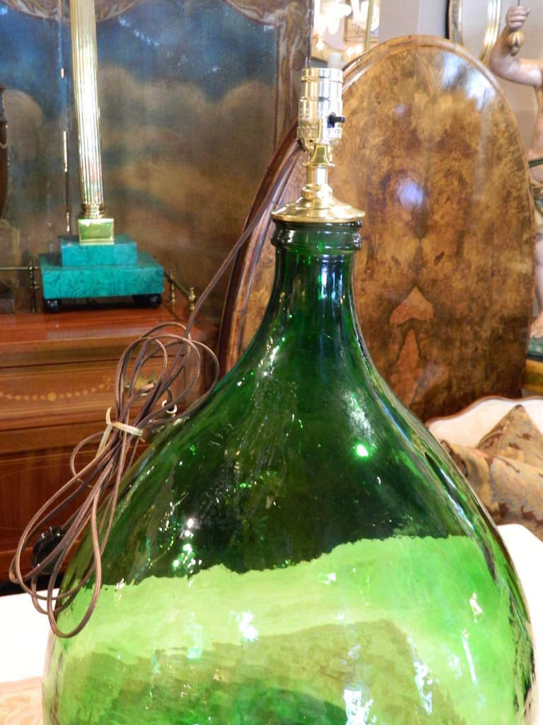 Early 20th Century Pair of Italian Green Glass Wine Bottles Adapted as Lamps 2