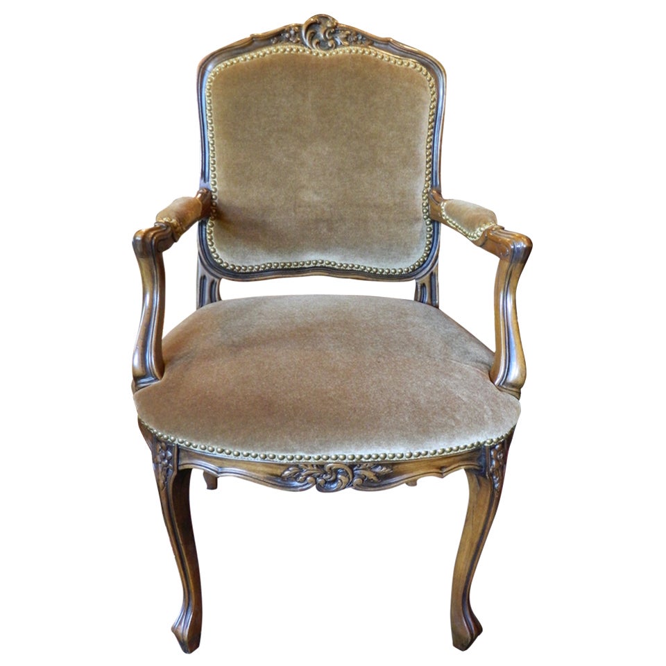 Louis XV Style Carved Arm Chair Upholstered in Mohair, Early 20th Century For Sale