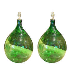 Vintage Early 20th Century Pair of Italian Green Glass Wine Bottles Adapted as Lamps