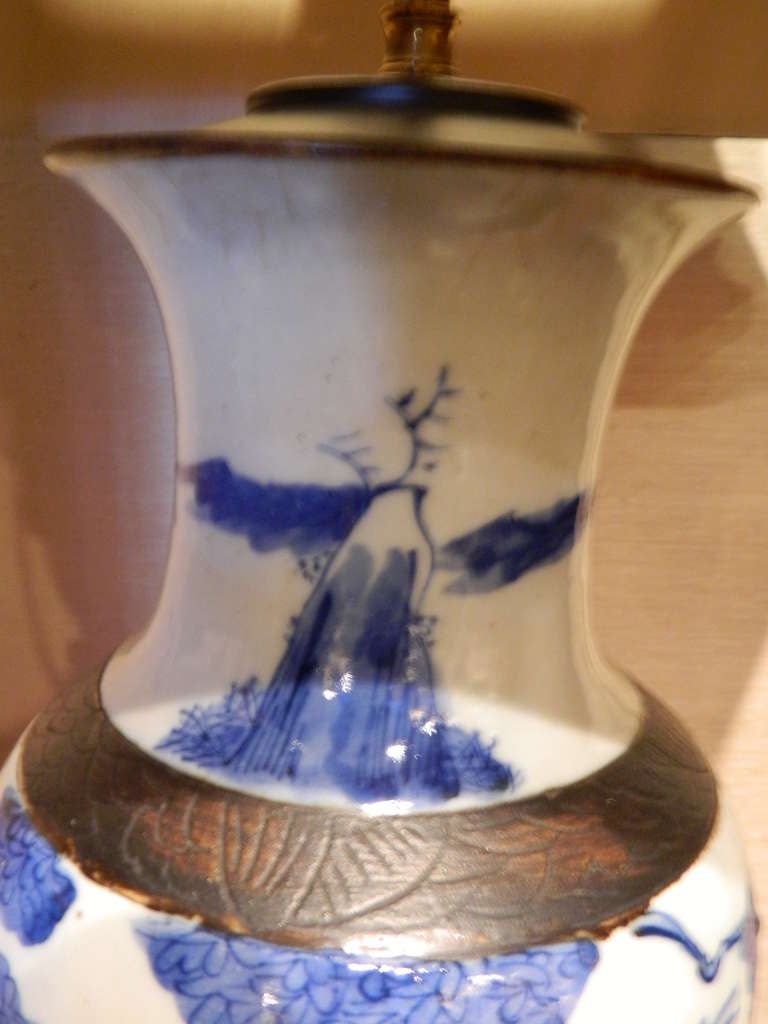Porcelain Blue and White Chinese Baluster Form Vase Adapted as a Lamp