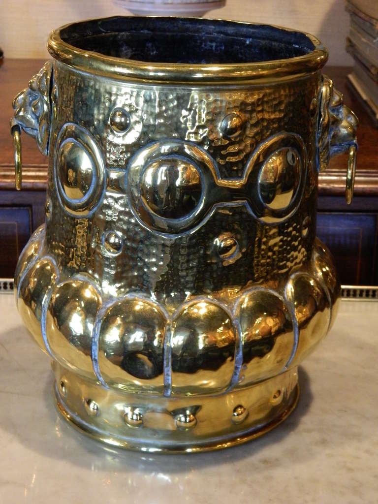 French Brass Jardiniere Semi-Lobed with Lion Mask Side Handles, 19th Century For Sale