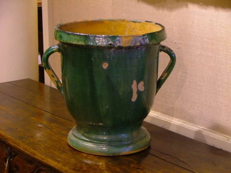19th Century French Provincial Anduze Glazed Terracotta Green Urn with Two Handles