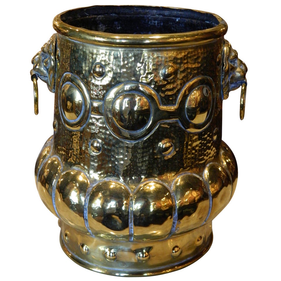 Brass Jardiniere Semi-Lobed with Lion Mask Side Handles, 19th Century For Sale