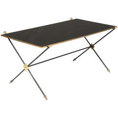Circa 1940's Neoclassic Iron Coffee Table with Brass Trimmed Arrow Form Legs