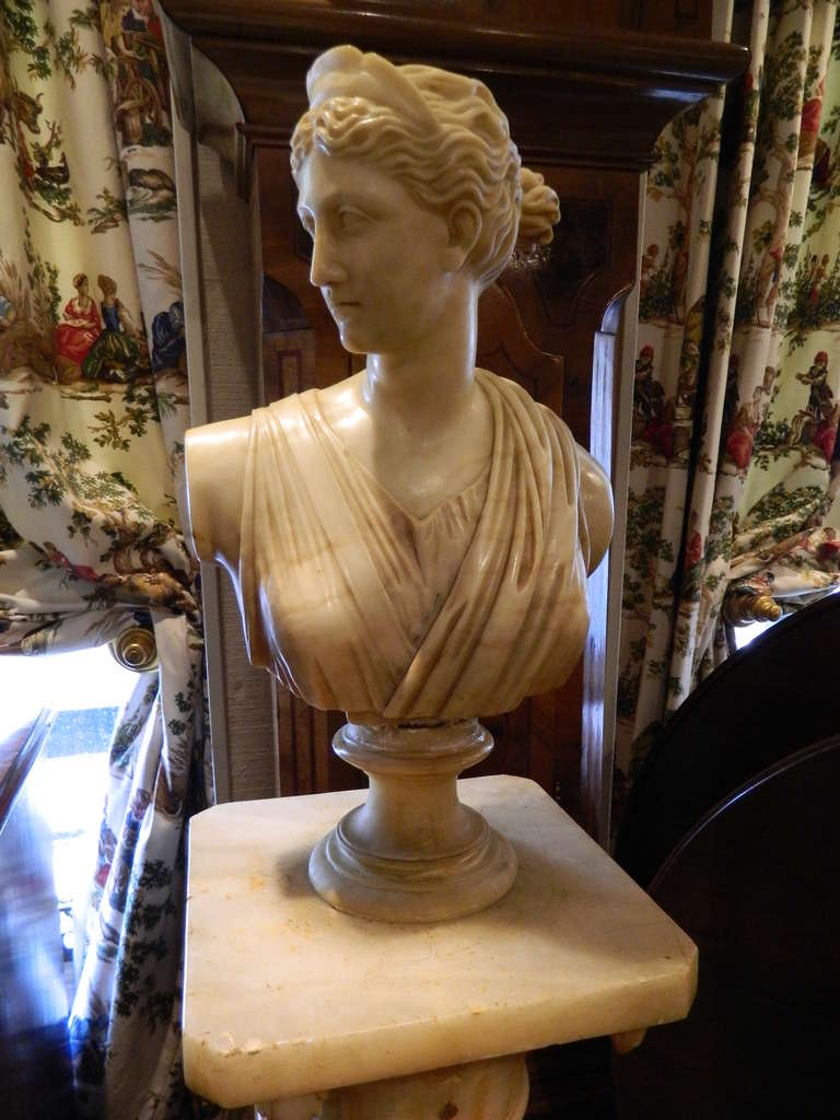 Circa 1900's Carved Alabaster Bust of Diana Resting on Alabaster Pedestal 1