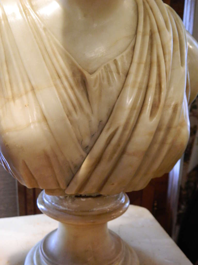 Circa 1900's Carved Alabaster Bust of Diana Resting on Alabaster Pedestal 2