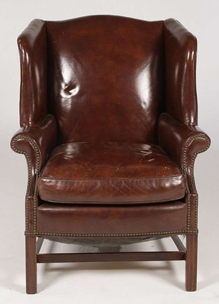 Circa 1920 English Leather Wing Chair with Down Cushion In Excellent Condition In Savannah, GA