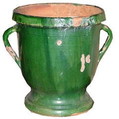 Antique French Provincial Anduze Glazed Terracotta Green Urn with Two Handles
