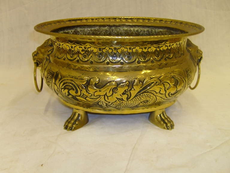 19th Century Brass Jardiniere or Planter with Lion Ring Handles
