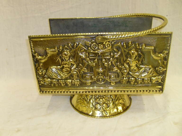 French Circa 1860 Decorative Brass Log Carrier or Magazine Holder on Stand with Handle