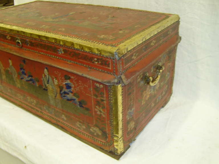 Chinese 19th Century Leather and Brass Bound Camphor Trunk with Brass Handles