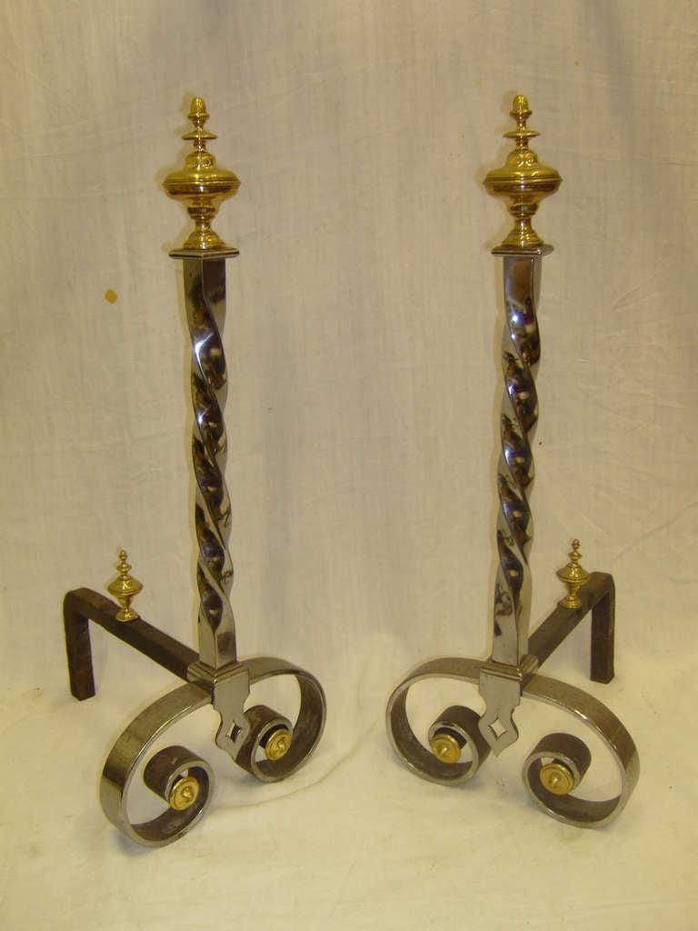19th century pair of iron and brass chenets or andirons.