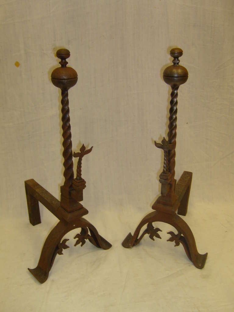 French 19th Century Pair of Decorative Iron Andirons or Chenets For Sale