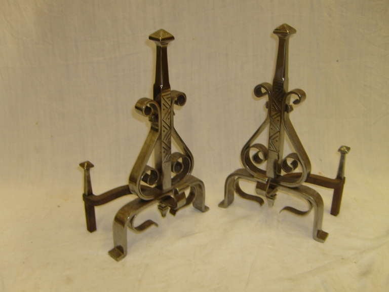 French Pair of Polished Steel Chenets or Andirons, 19th Century For Sale