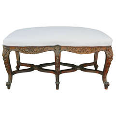 19th Century French Carved Walnut Upholstered Bench with Stretcher 6