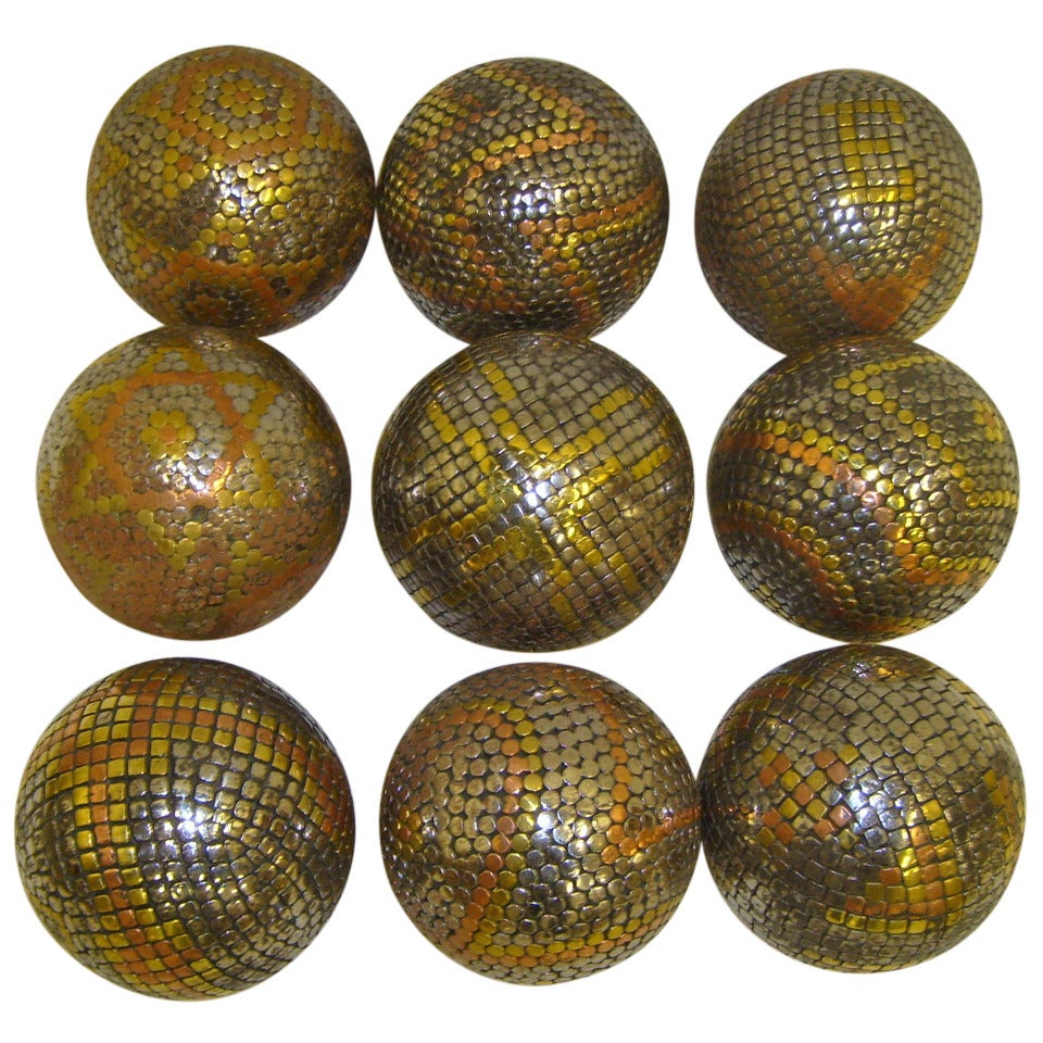 Set of Nine Boules Petanque Iron, Brass, and Copper Balls