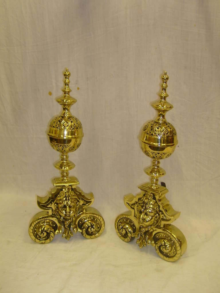 Pair of polished brass Chenets or Andirons, 19th century.