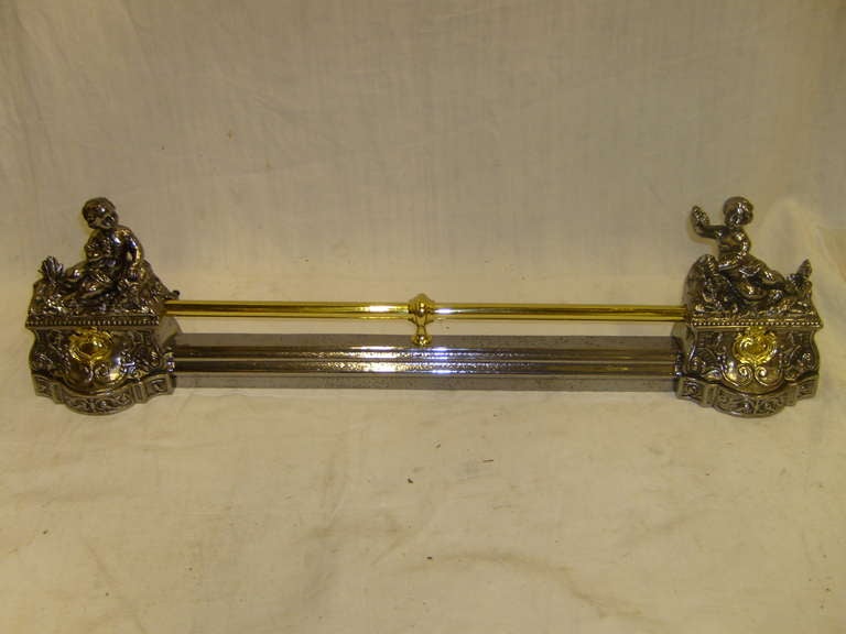 19th century iron and brass fire bar adorned with cherubs.
