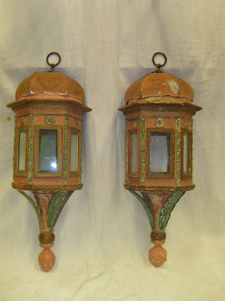 19th Century Pair of Italian Wood and Metal Painted Lanterns