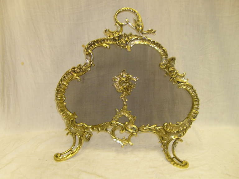 19th century French brass fire screen in the Rococo style.