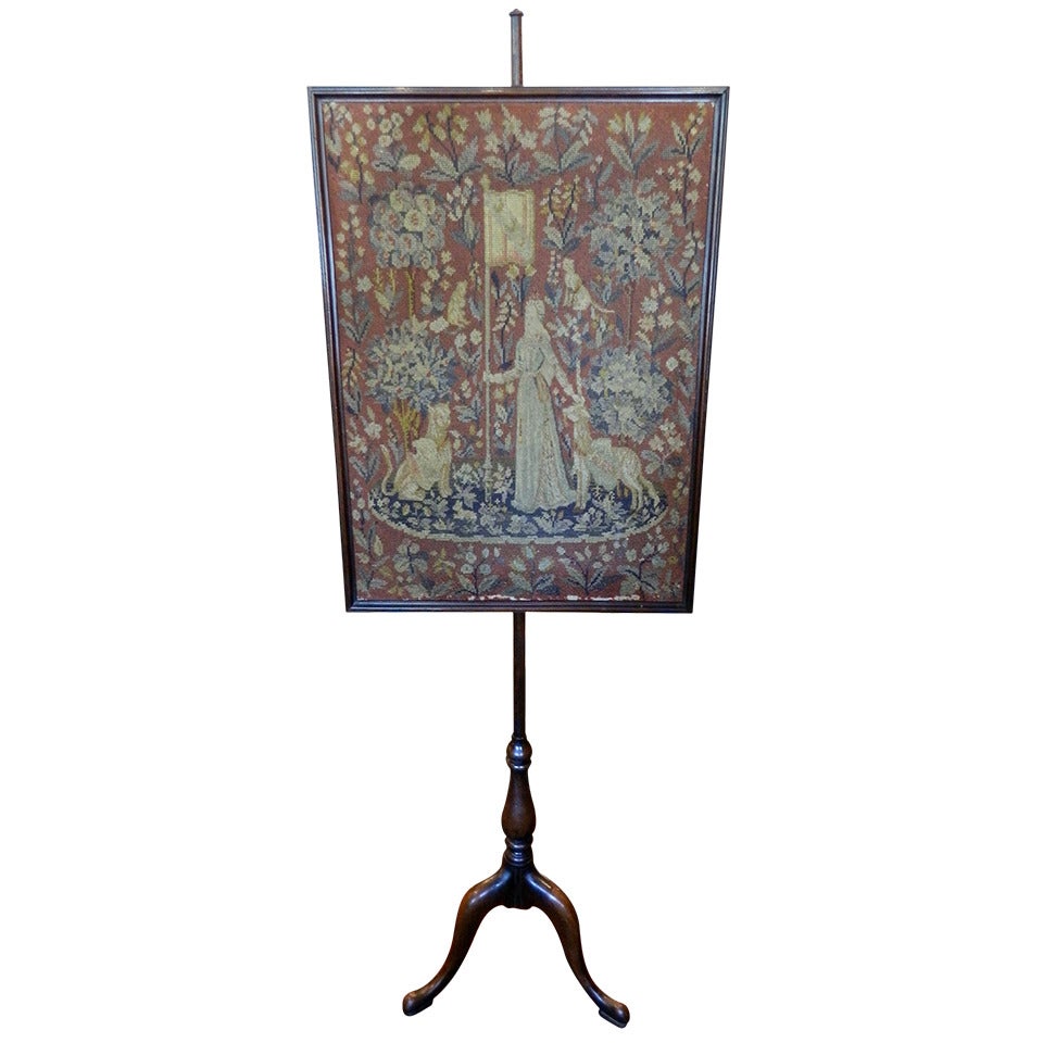 19th Century English Carved Mahogany Fire Screen with a Tapestry Panel Frame