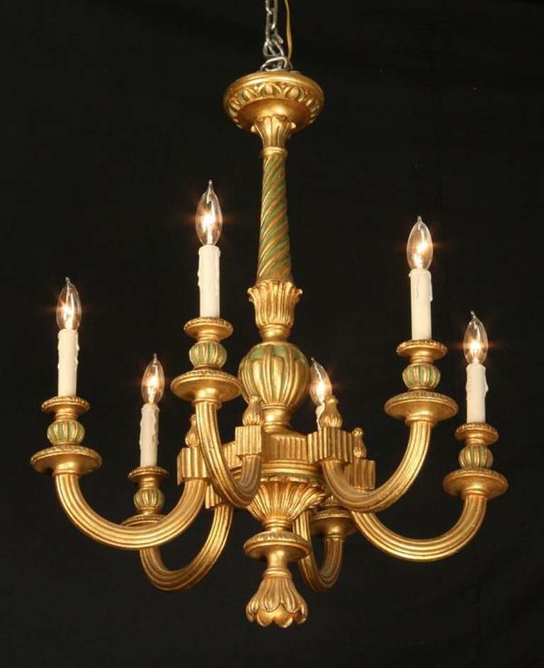 Giltwood 19th Century Italian Carved Gilt Wood Six Light Chandelier