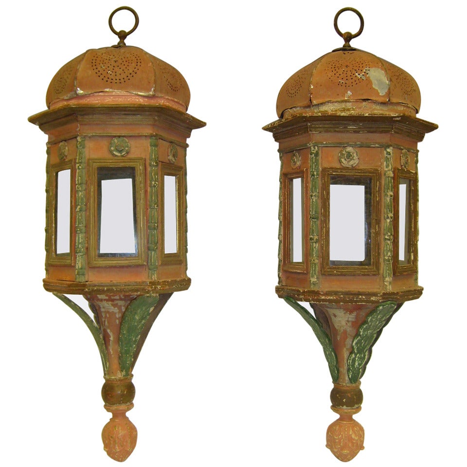 Pair of Italian Wood and Metal Painted Lanterns, 19th Century