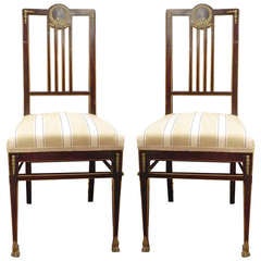 Pair of Napoleon III Style Mahogany Side or Hall Chairs with Bronze Ormolu