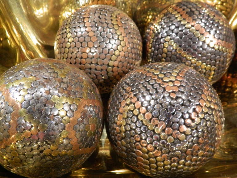 French Set of Nine Boules Petanque Iron, Brass, and Copper Balls