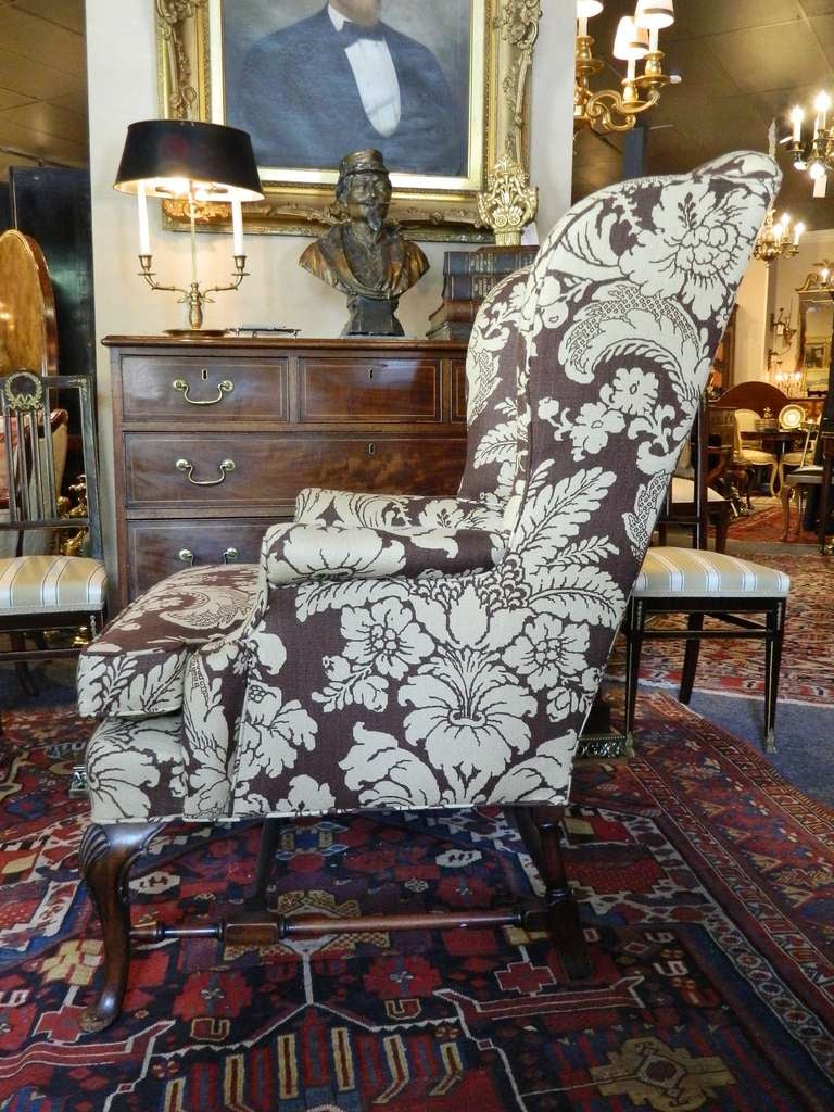 Late 19th Century Chippendale Style Mahogany Upholstered Wing Back Chair 1
