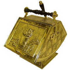 English Brass Decorated Coal Scuttle or Box and Shovel