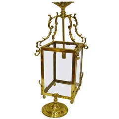Antique French Square Cast Brass Lantern with Beveled Glass and Ceiling Rose Canopy