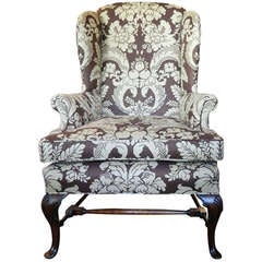 Antique Late 19th Century Chippendale Style Mahogany Upholstered Wing Back Chair