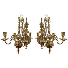 19th Century Pair of Four Brass Candle Chandelier Wall Sconces