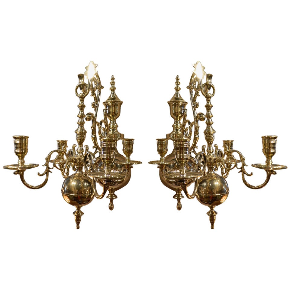 19th Century Pair of Four Brass Candle Chandelier Wall Sconces