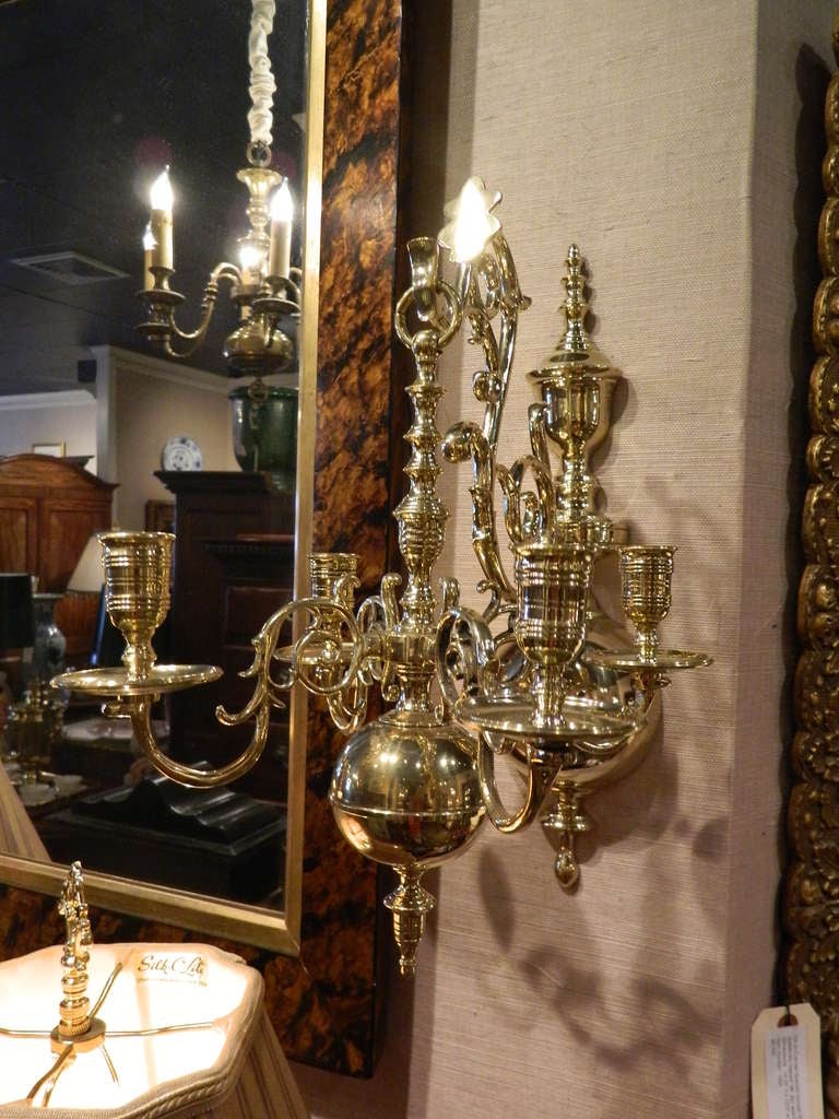 19th Century Pair of Four Candle Chandelier Wall Sconces.  This Unique Small Chandeliers hang from the Sconces that Attach to the Wall