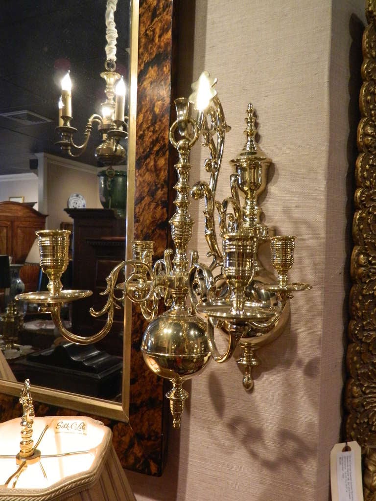 French 19th Century Pair of Four Brass Candle Chandelier Wall Sconces