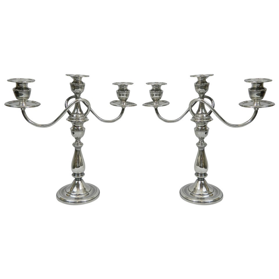 Mid-20th Century Pair of Weighted Sterling Convertible Three Light Candelabra