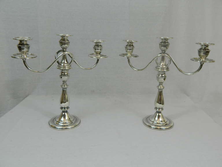 American Mid-20th Century Pair of Weighted Sterling Convertible Three Light Candelabra