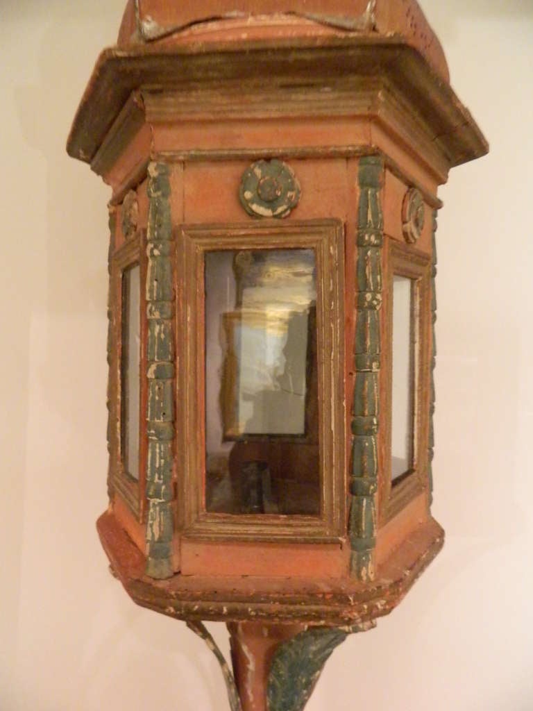 Pair of Italian Wood and Metal Painted Lanterns, 19th Century In Distressed Condition In Savannah, GA