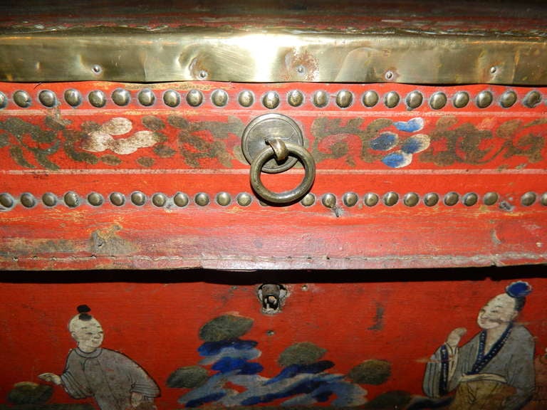 19th Century Leather and Brass Bound Camphor Trunk with Brass Handles In Good Condition In Savannah, GA